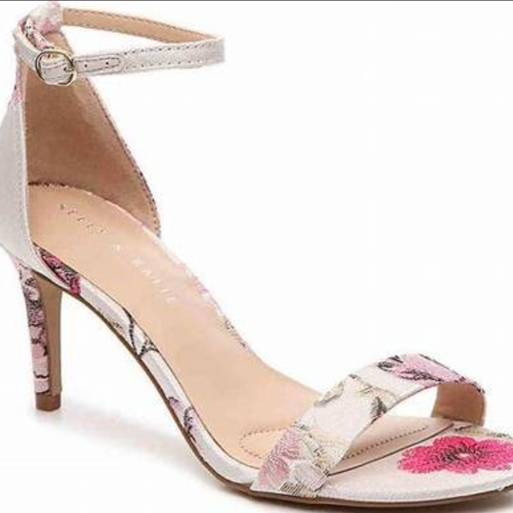 Cream Floral Ankle-Strap Heels